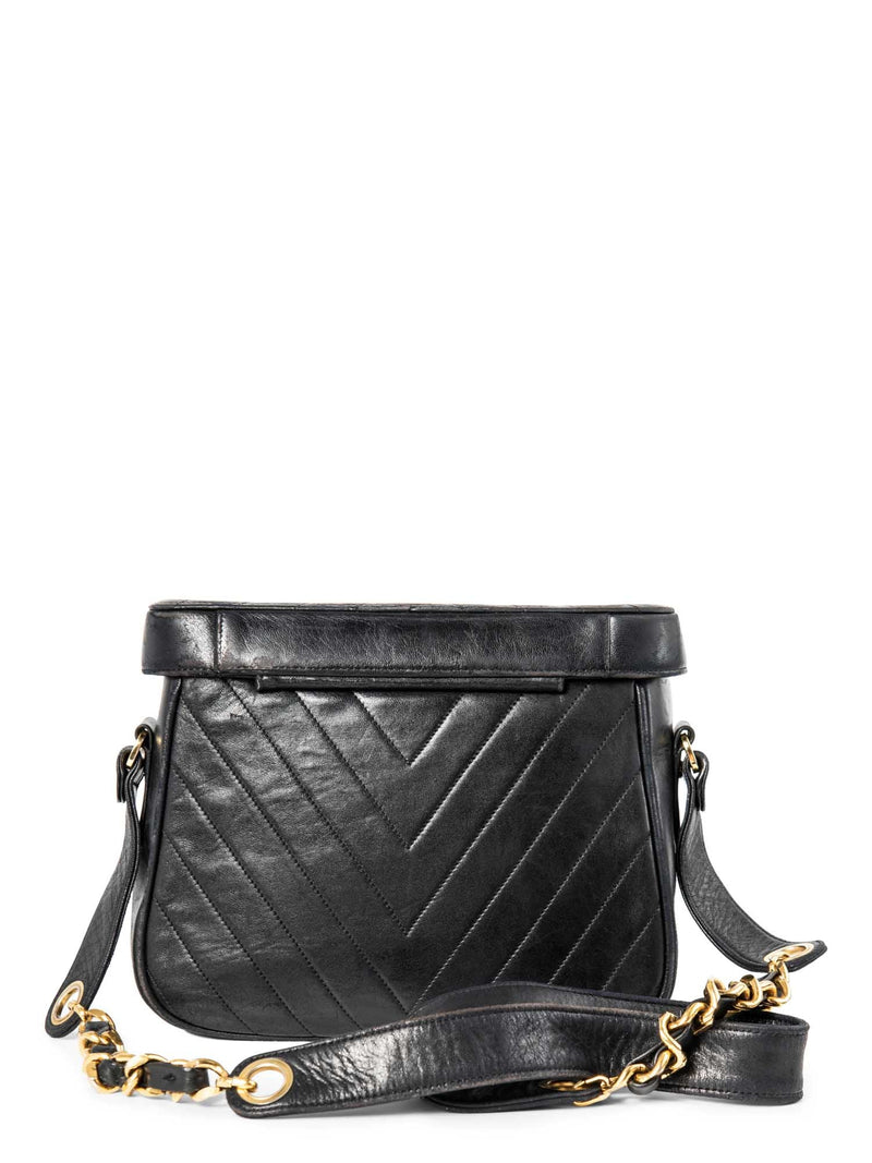 CHANEL CC Logo 24K Gold Plated Chevron Quilted Leather Globe Trotter Black-designer resale