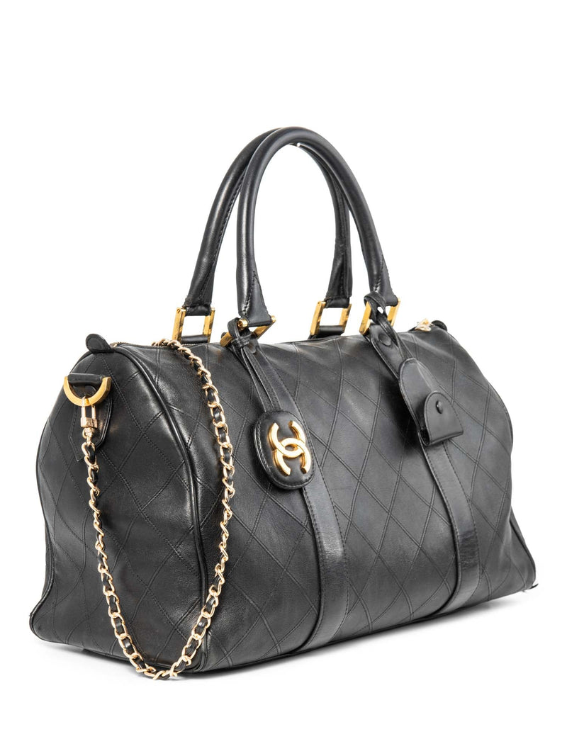 CHANEL CC Logo 24K Gold Plated Quilted Leather Boston Messenger Bag Black-designer resale