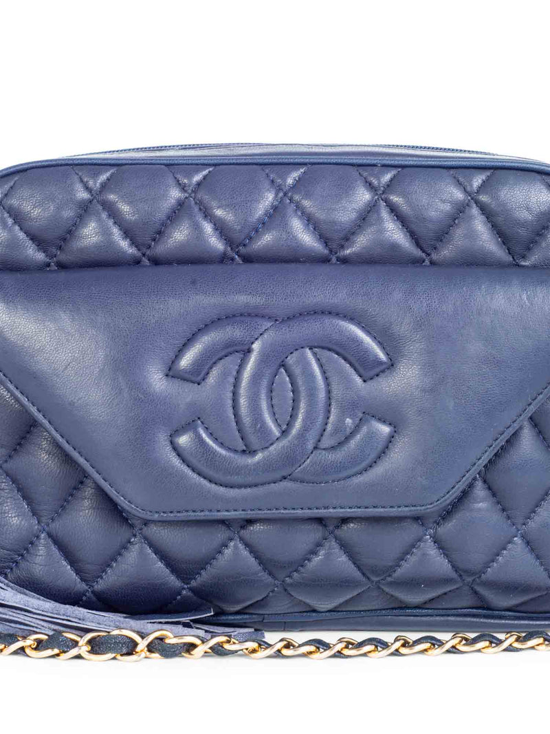 CHANEL CC Logo 24k Gold Plated Quilted Leather Tassel Camera Bag Navy-designer resale