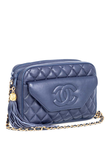 CHANEL CC Logo 24k Gold Plated Quilted Leather Tassel Camera Bag Navy-designer resale