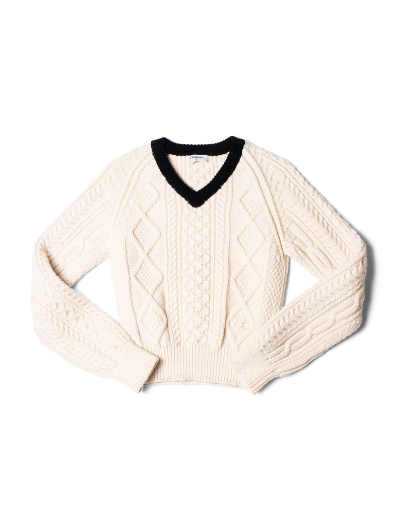 CHANEL CC Logo Cable Knit Cropped Sweater Ivory Black-designer resale