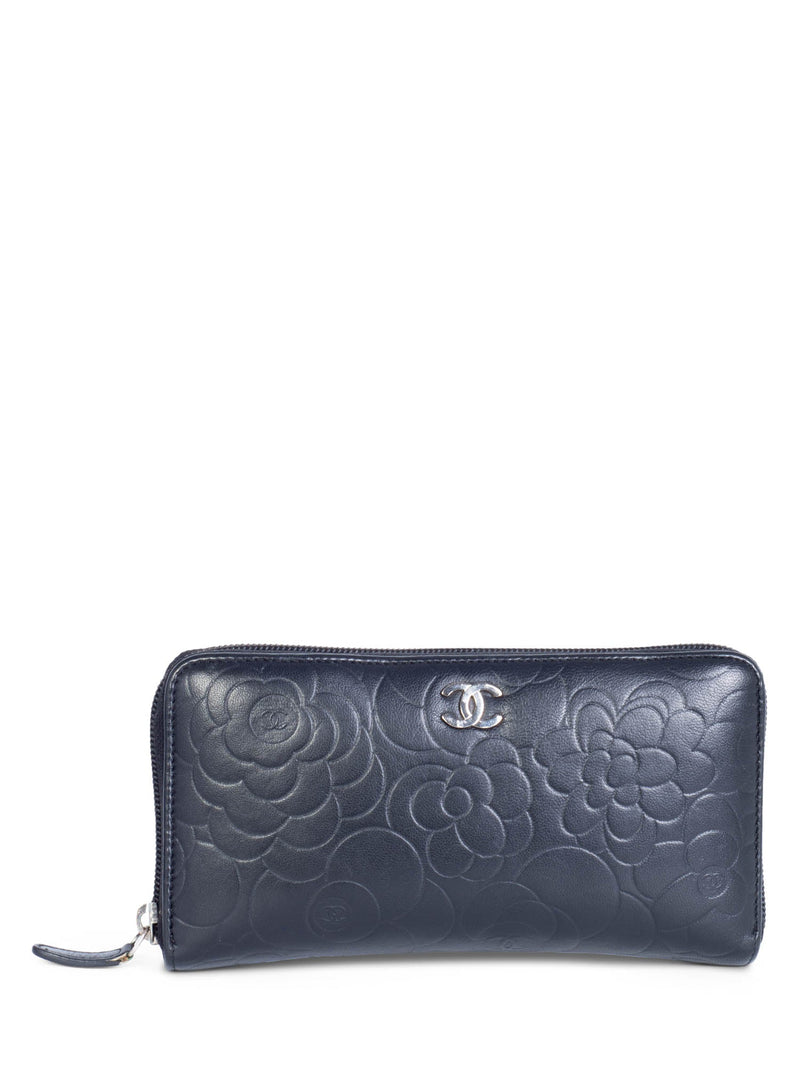 CHANEL CC Logo Camelia Quilted Leather Zipper Wallet Black-designer resale