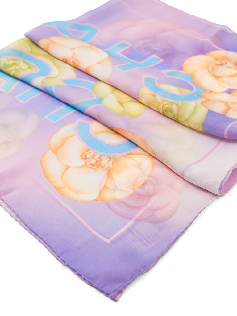 CHANEL CC Logo Camelia Silk Chiffon Fantasy Scarf Purple Blue-designer resale