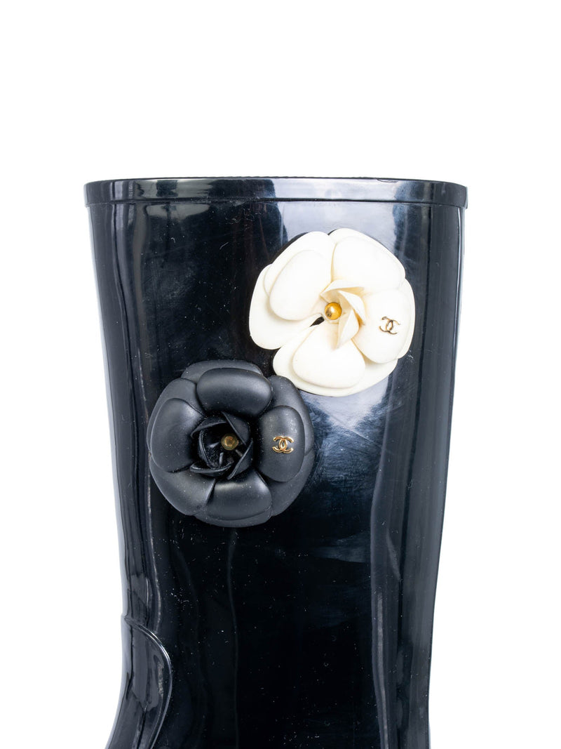 CHANEL CC Logo Camellia Flower Rain Boots Black Ivory-designer resale