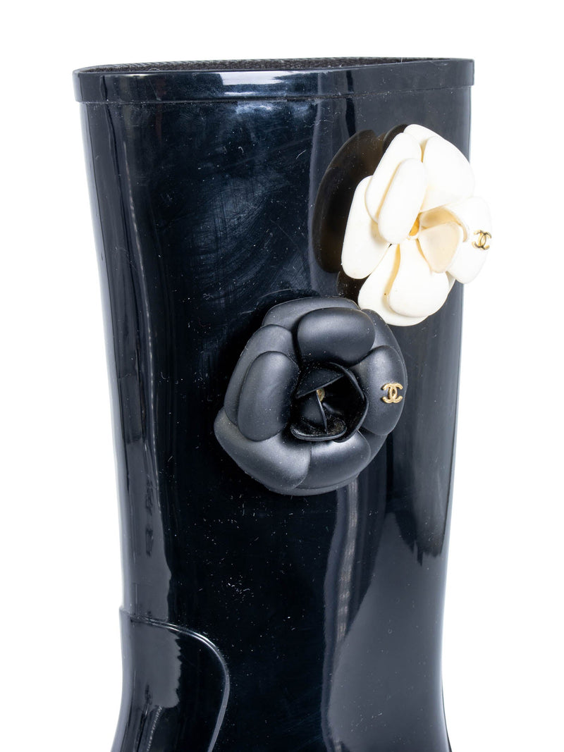 CHANEL CC Logo Camellia Flower Rain Boots Black Ivory-designer resale