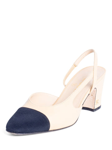 CHANEL CC Logo Cap Toe Sling Back Heels Beige Black-designer resale