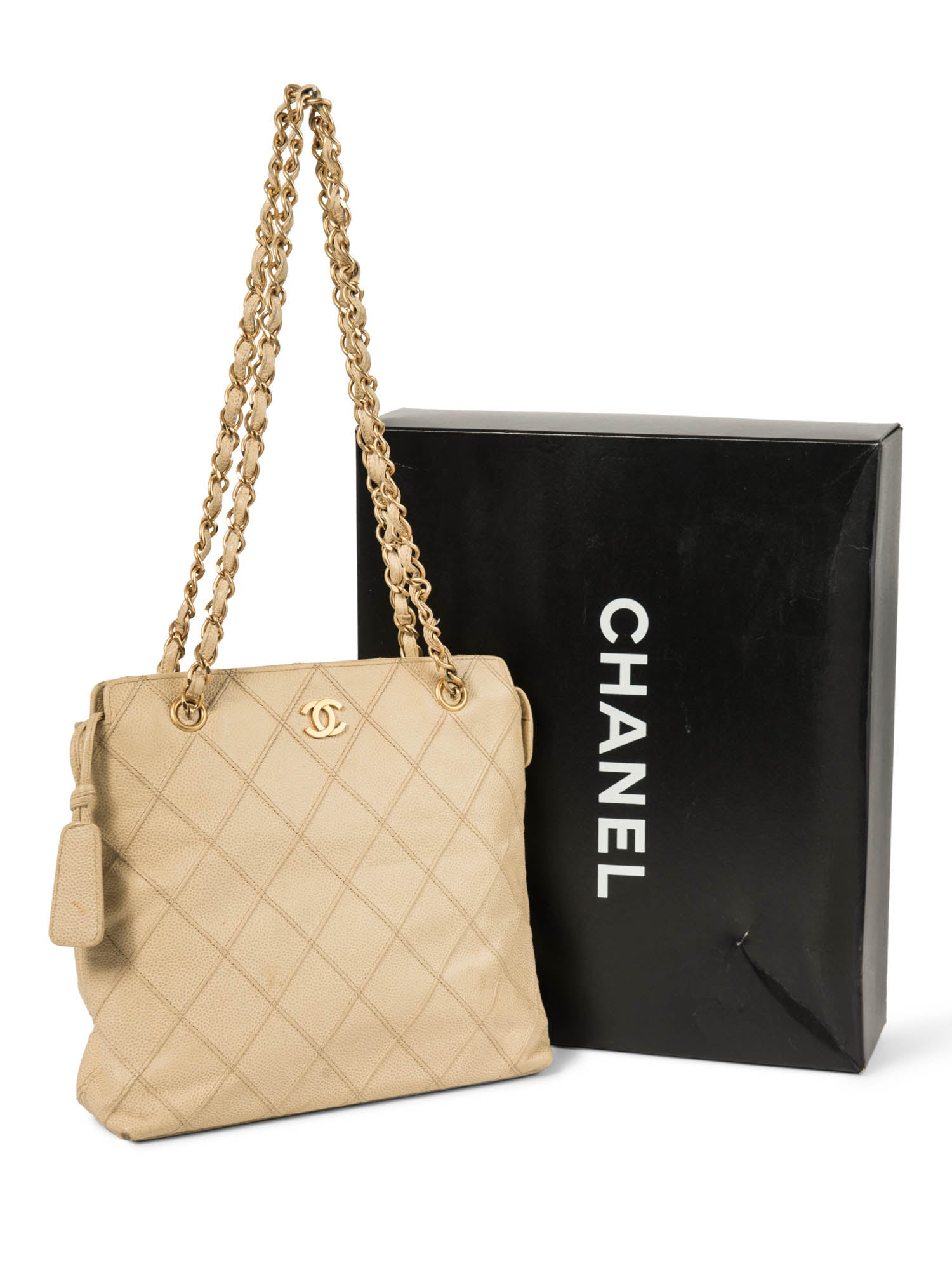 CHANEL CC Logo Caviar Leather Quilted Shopper Bag Ivory Gold
