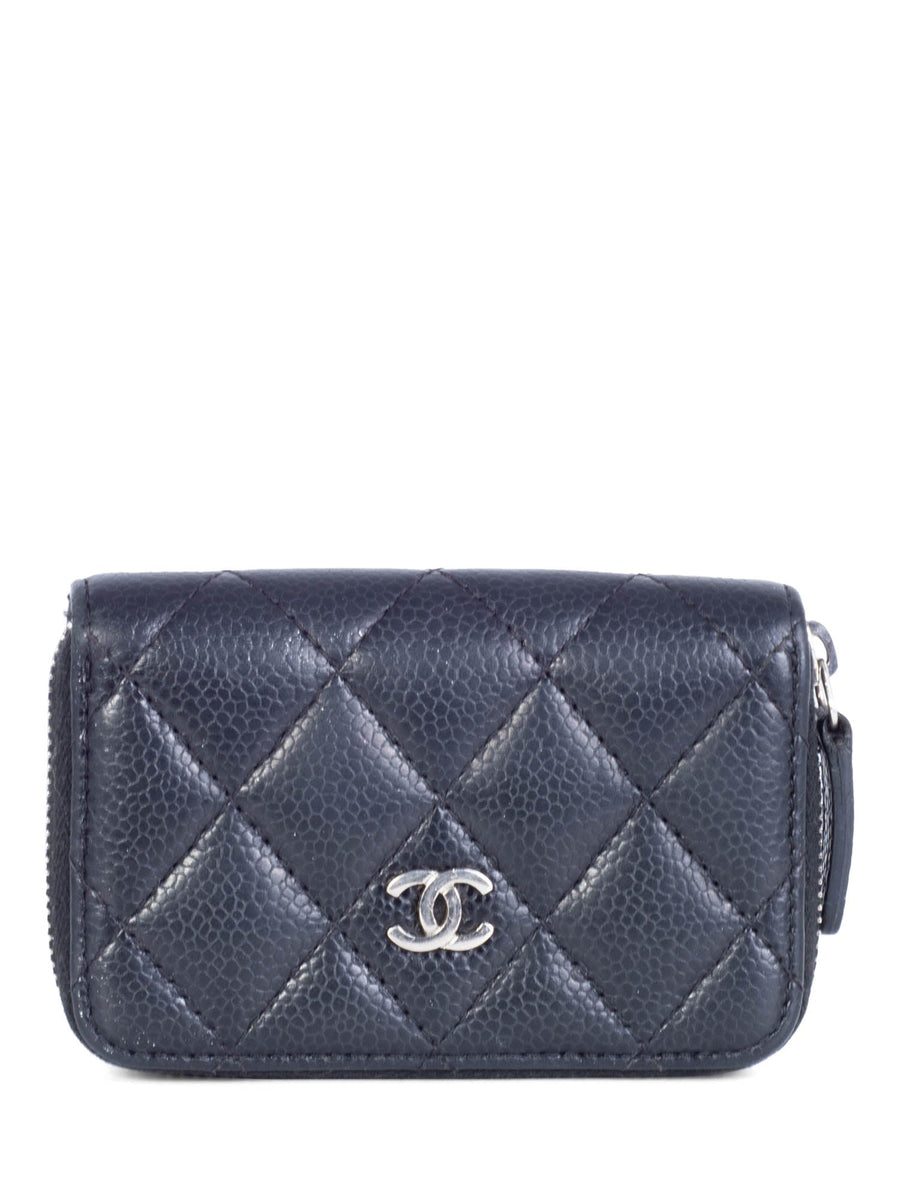 CHANEL CC Logo Caviar Leather Zippered Credit Card Wallet Black Silver