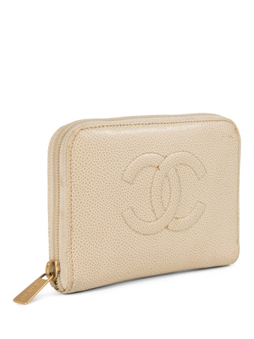 CHANEL CC Logo Caviar Leather Zippered Wallet Ivory-designer resale