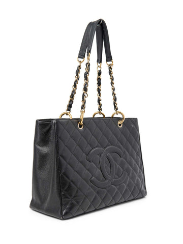 CHANEL CC Logo Caviar Quilted Leather Grand Shopper Bag Black-designer resale