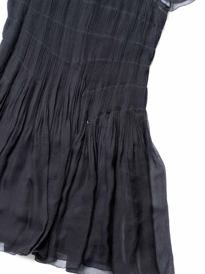 CHANEL CC Logo Chiffon Silk Pleated Dress Black-designer resale