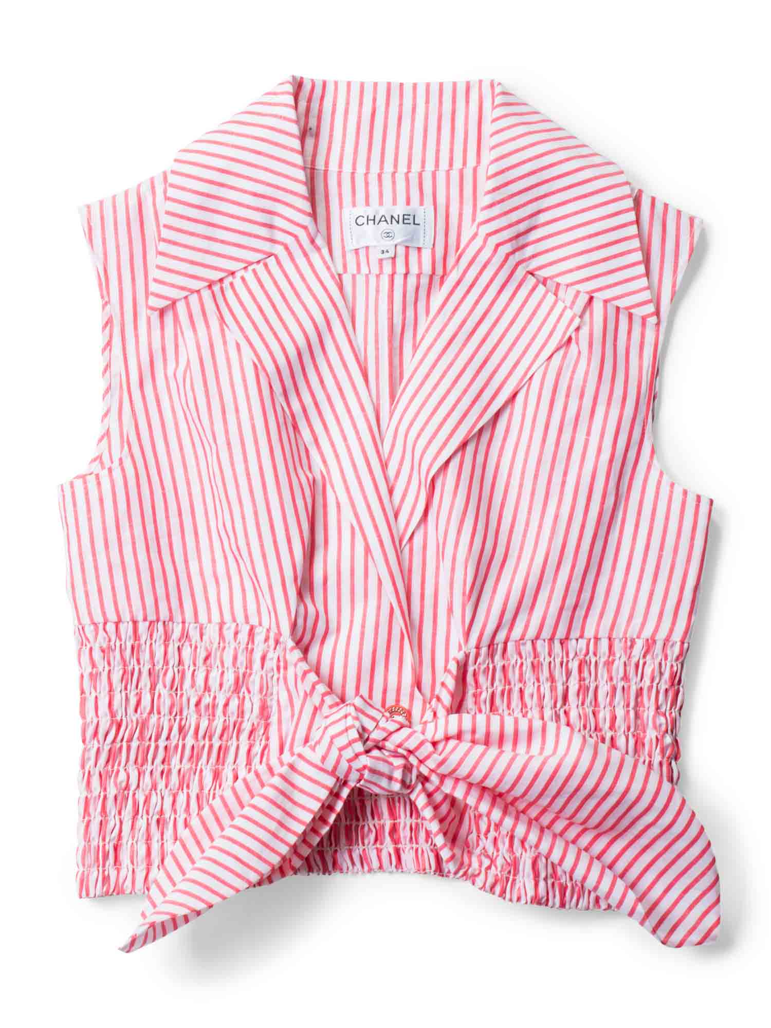 CHANEL CC Logo Cotton Cropped Striped Blouse Red White-designer resale
