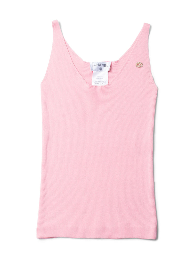 CHANEL CC Logo Cotton Silk Sleeveless Ribbed Tank Top Pink-designer resale