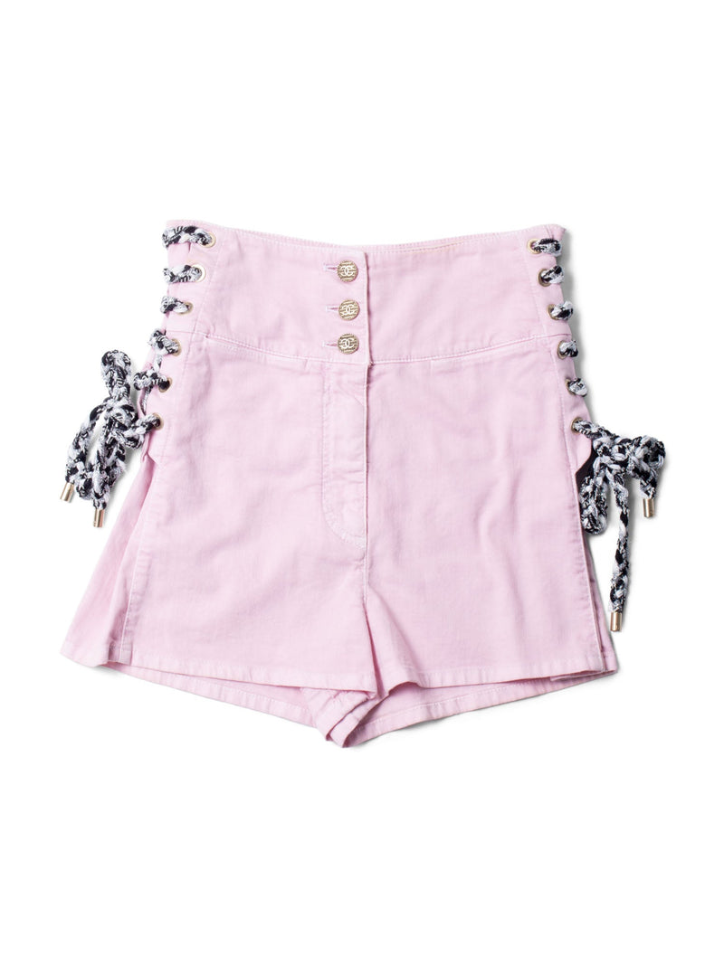 CHANEL CC Logo Cotton Tweed Lace Up High Waisted Shorts Pink-designer resale