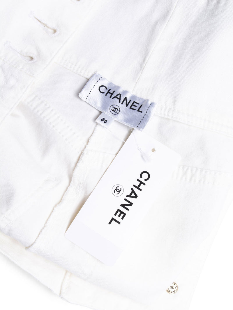 CHANEL CC Logo Cotton Tweed Lace Up High Waisted Shorts White Black-designer resale