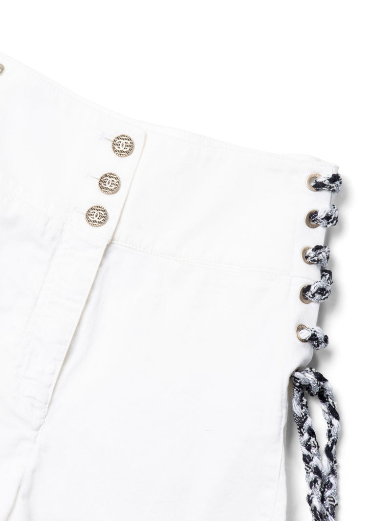 CHANEL CC Logo Cotton Tweed Lace Up High Waisted Shorts White Black-designer resale