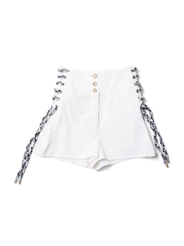 CHANEL CC Logo Cotton Tweed Lace Up High Waisted Shorts White Black-designer resale