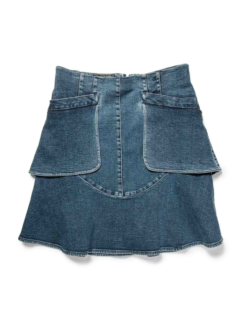 CHANEL CC Logo Denim A Line Skirt Navy