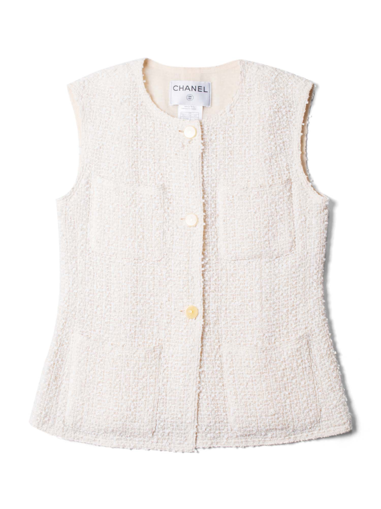 CHANEL CC Logo Fantasy Tweed Patch Pocket Vest Ivory-designer resale