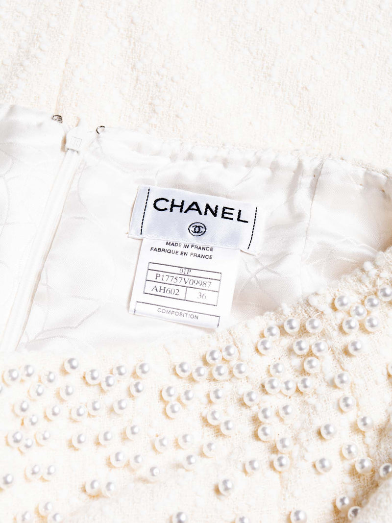 CHANEL CC Logo Fantasy Tweed Pearl Two Piece Mermaid Maxi Skirt Vest Ivory-designer resale