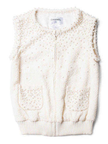 CHANEL CC Logo Fantasy Tweed Pearl Two Piece Mermaid Maxi Skirt Vest Ivory-designer resale