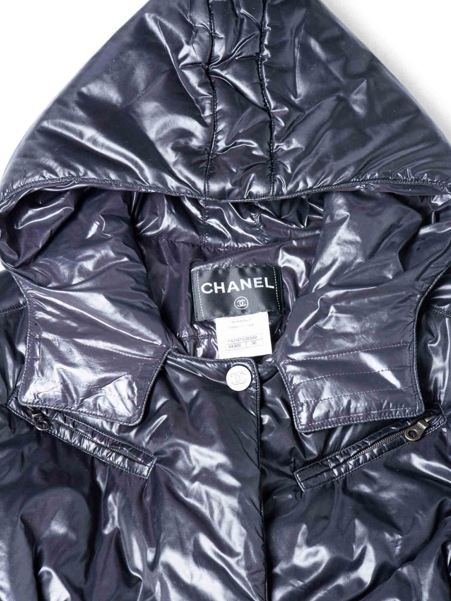 CHANEL CC Logo Hooded Patent Leather Belt Puffer Coat Black
