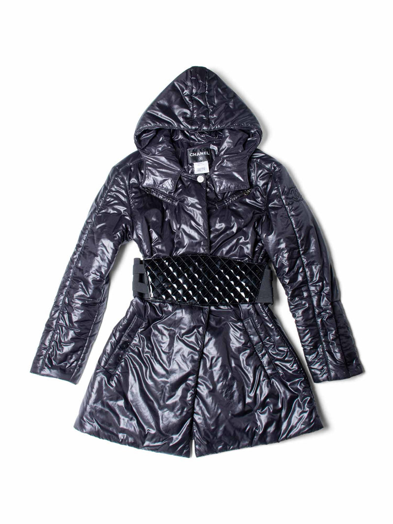 CHANEL CC Logo Hooded Patent Leather Belt Puffer Coat Black-designer resale