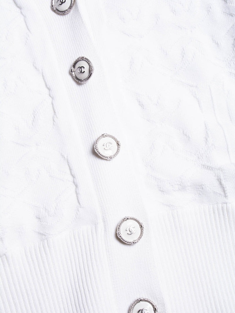 CHANEL CC Logo Knit Button Down Cardigan White