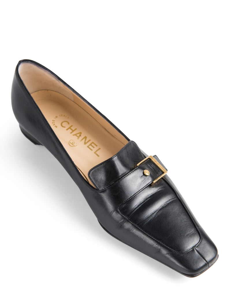 CHANEL CC Logo Leather Buckle Loafers Black Gold-designer resale