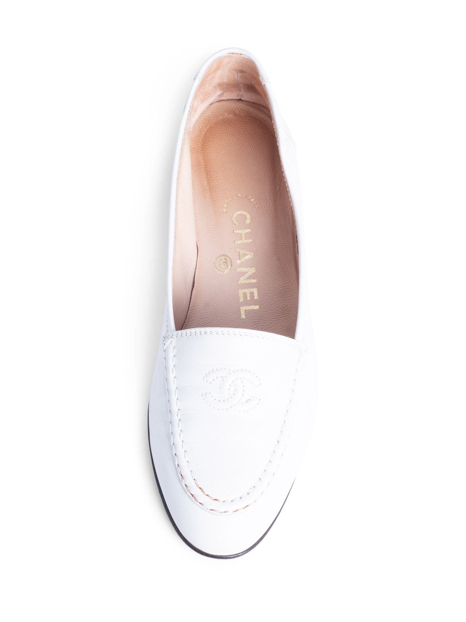 CHANEL CC Logo Leather Flat Loafers White