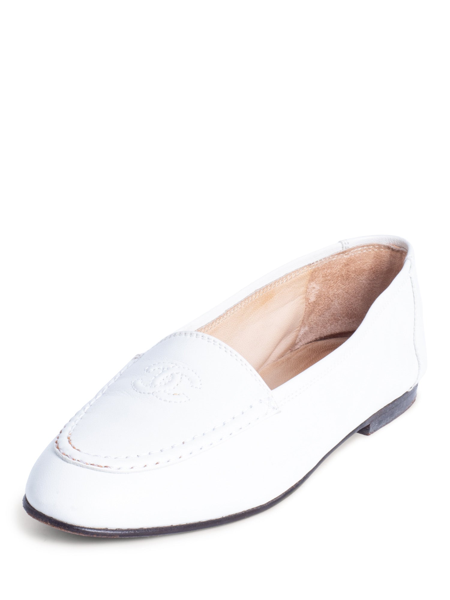 CHANEL CC Logo Leather Flat Loafers White
