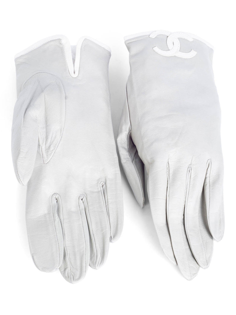 CHANEL CC Logo Leather Gloves Grey White-designer resale