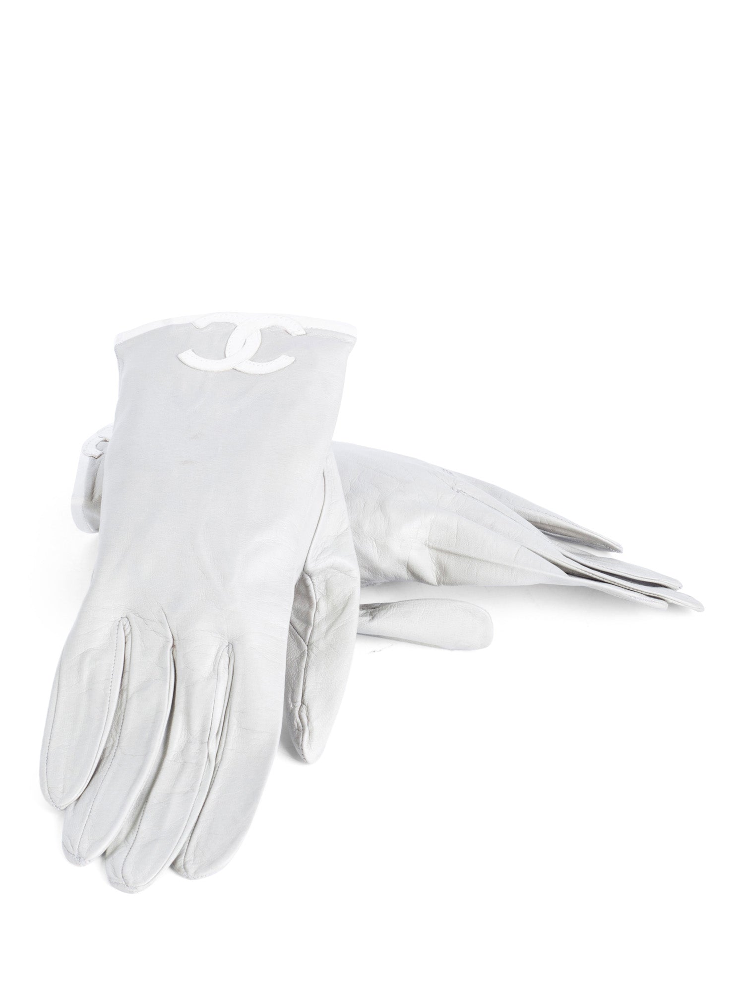 CHANEL CC Logo Leather Gloves Grey White