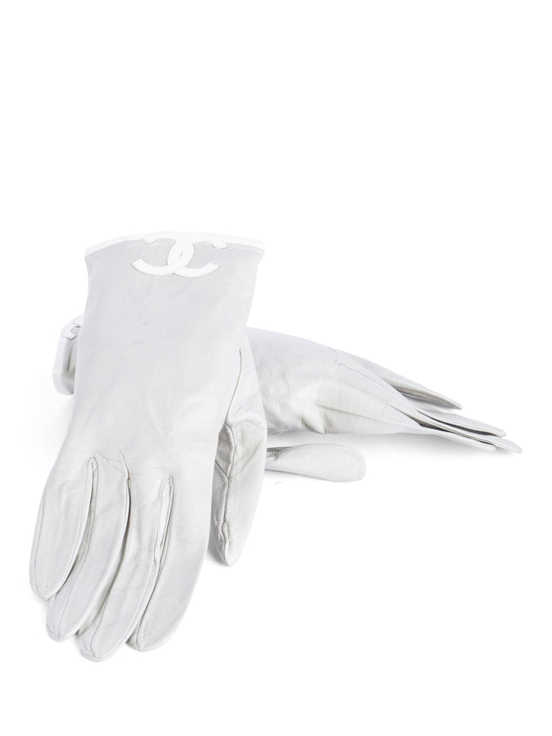 CHANEL CC Logo Leather Gloves Grey White-designer resale