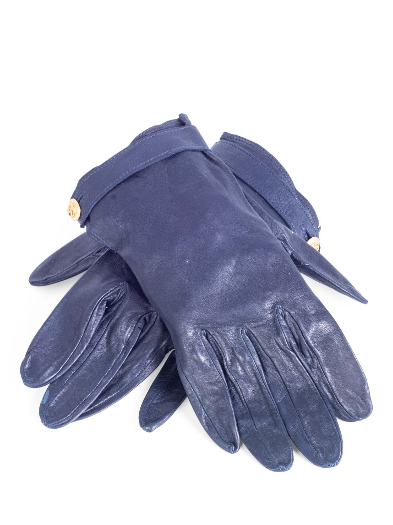CHANEL CC Logo Leather Gloves Navy Gold