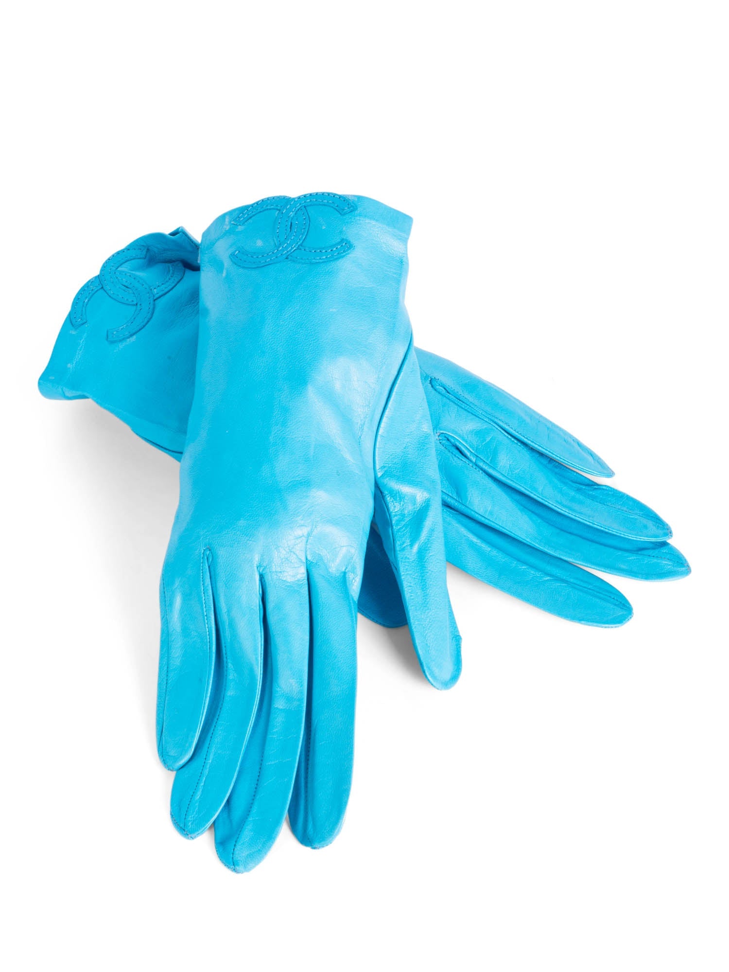 CHANEL CC Logo Leather Gloves Sky Blue