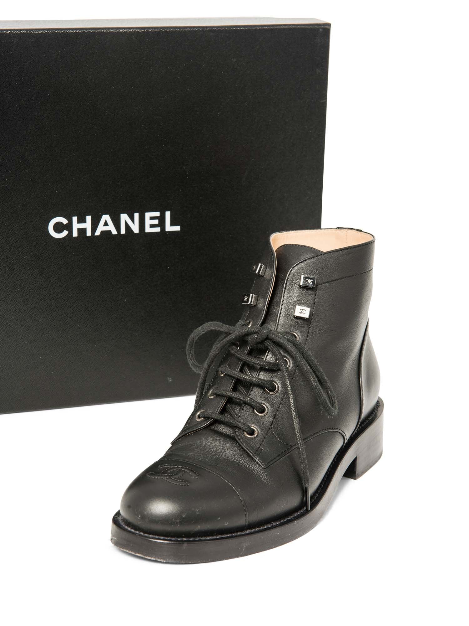 CHANEL CC Logo Leather Lace Up Cap Toe Boots Black-designer resale