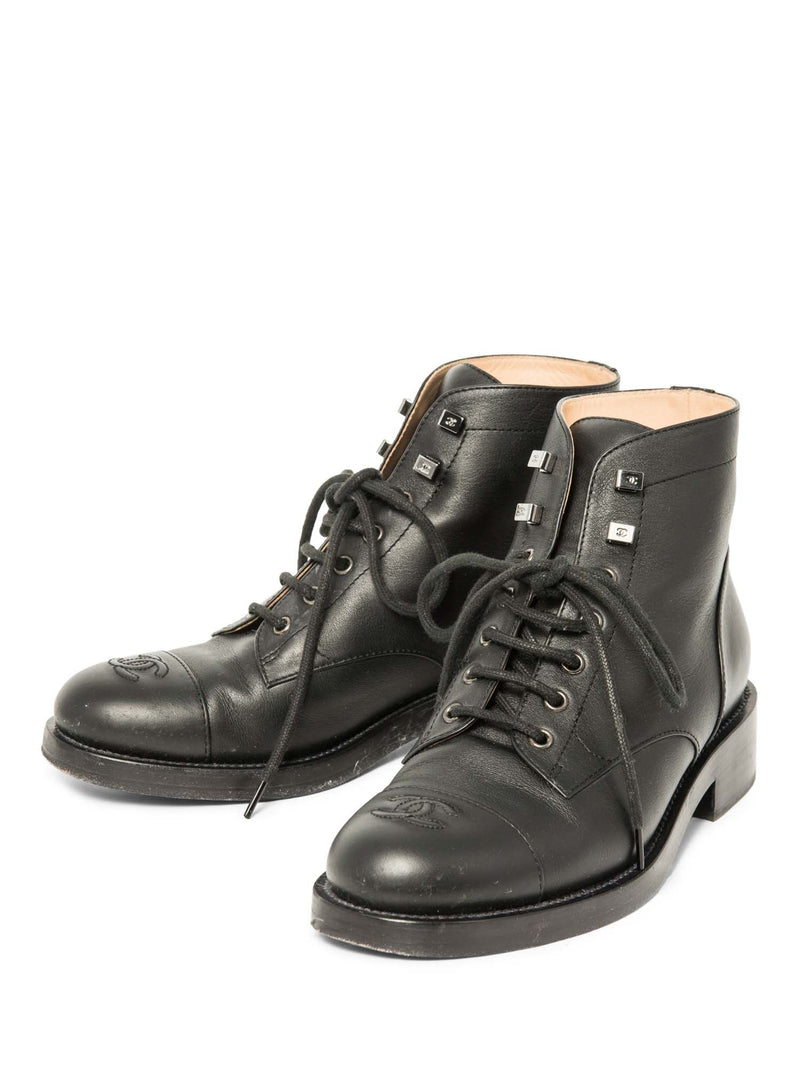 CHANEL CC Logo Leather Lace Up Cap Toe Boots Black-designer resale