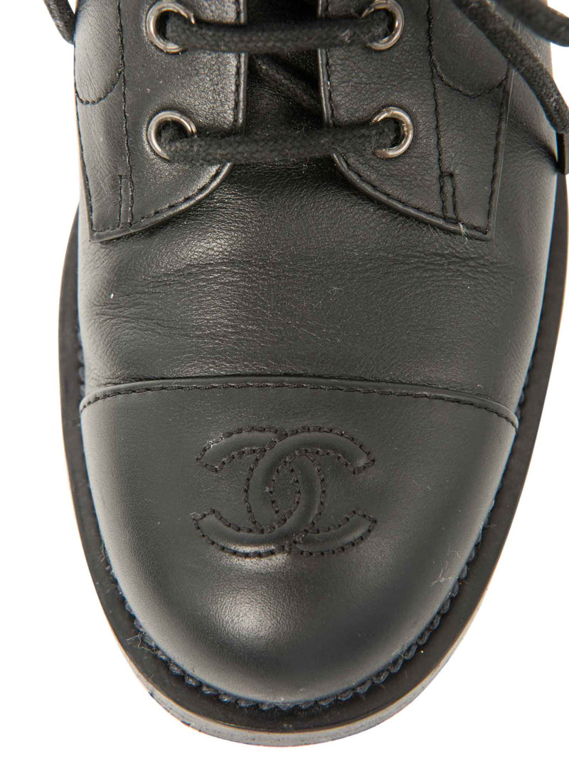 CHANEL CC Logo Leather Lace Up Cap Toe Boots Black-designer resale