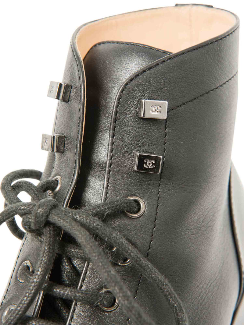 CHANEL CC Logo Leather Lace Up Cap Toe Boots Black-designer resale