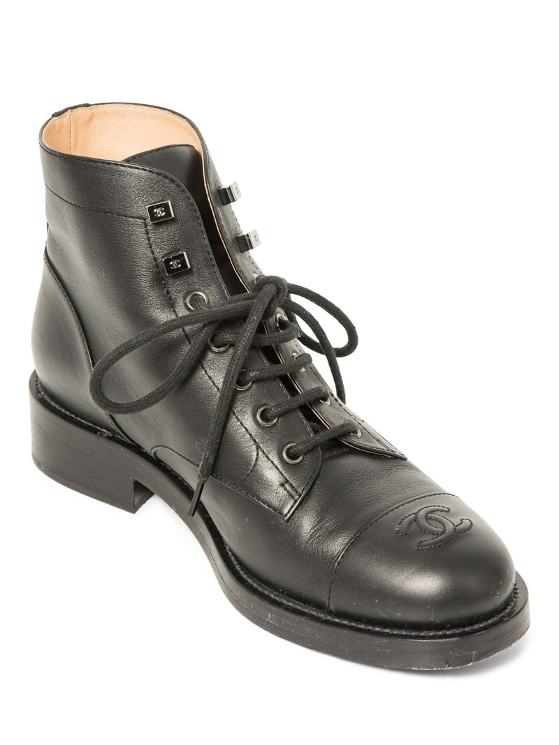 CHANEL CC Logo Leather Lace Up Cap Toe Boots Black-designer resale