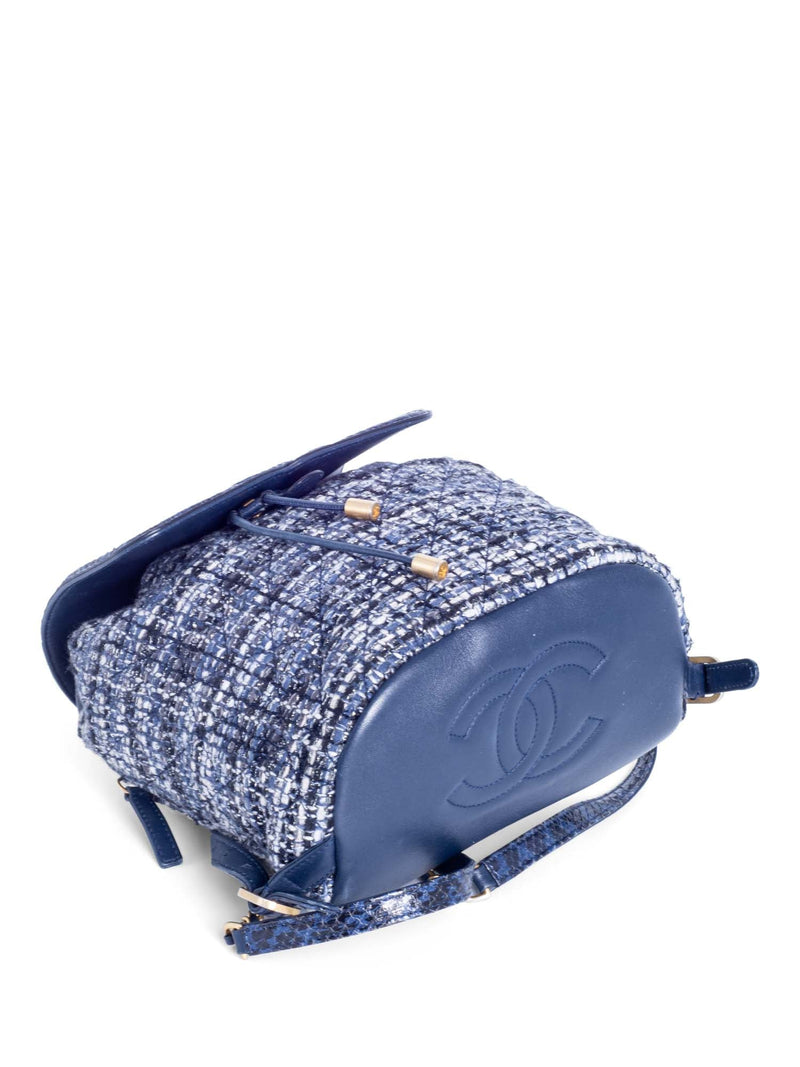 cherchbi tweed and leather backpack CHANEL CC Logo Leather Tweed Backpack Blue
