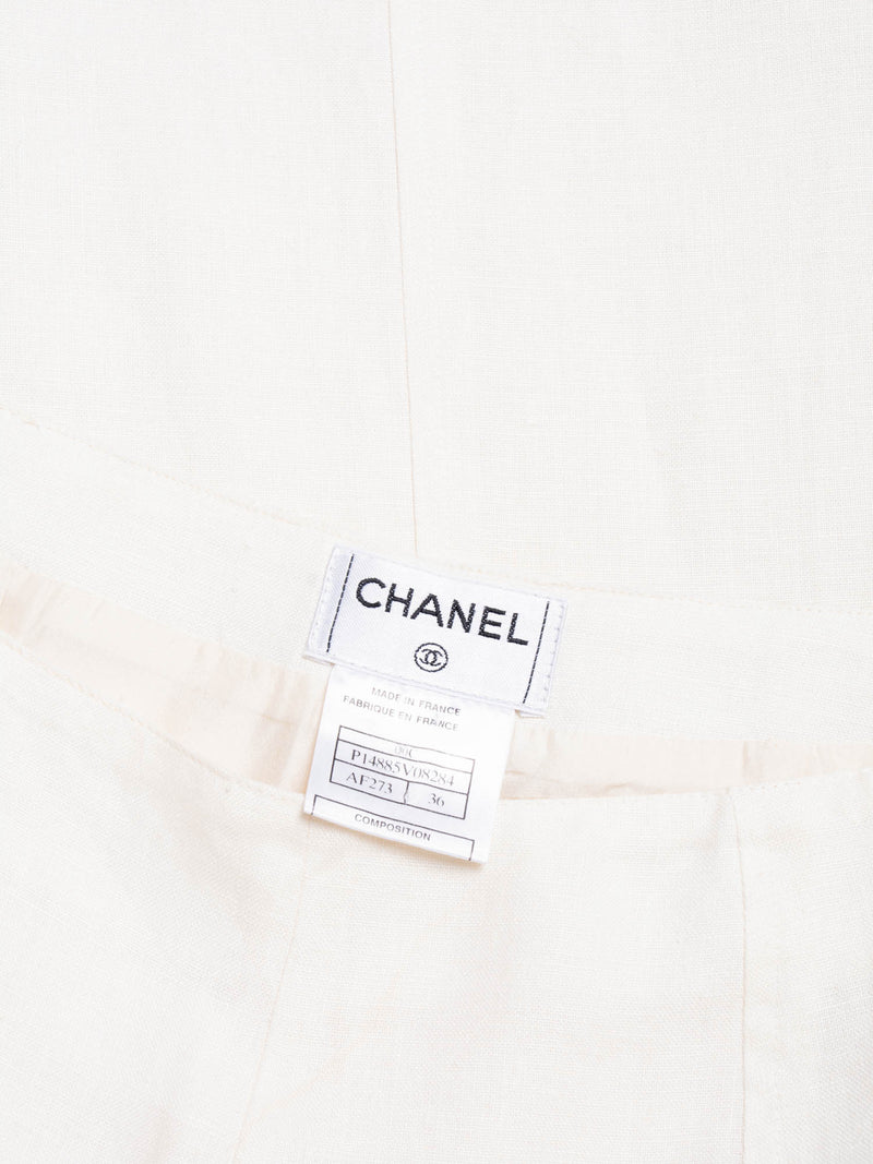 CHANEL CC Logo Linen High Waisted Straight Leg Pants Ivory-designer resale