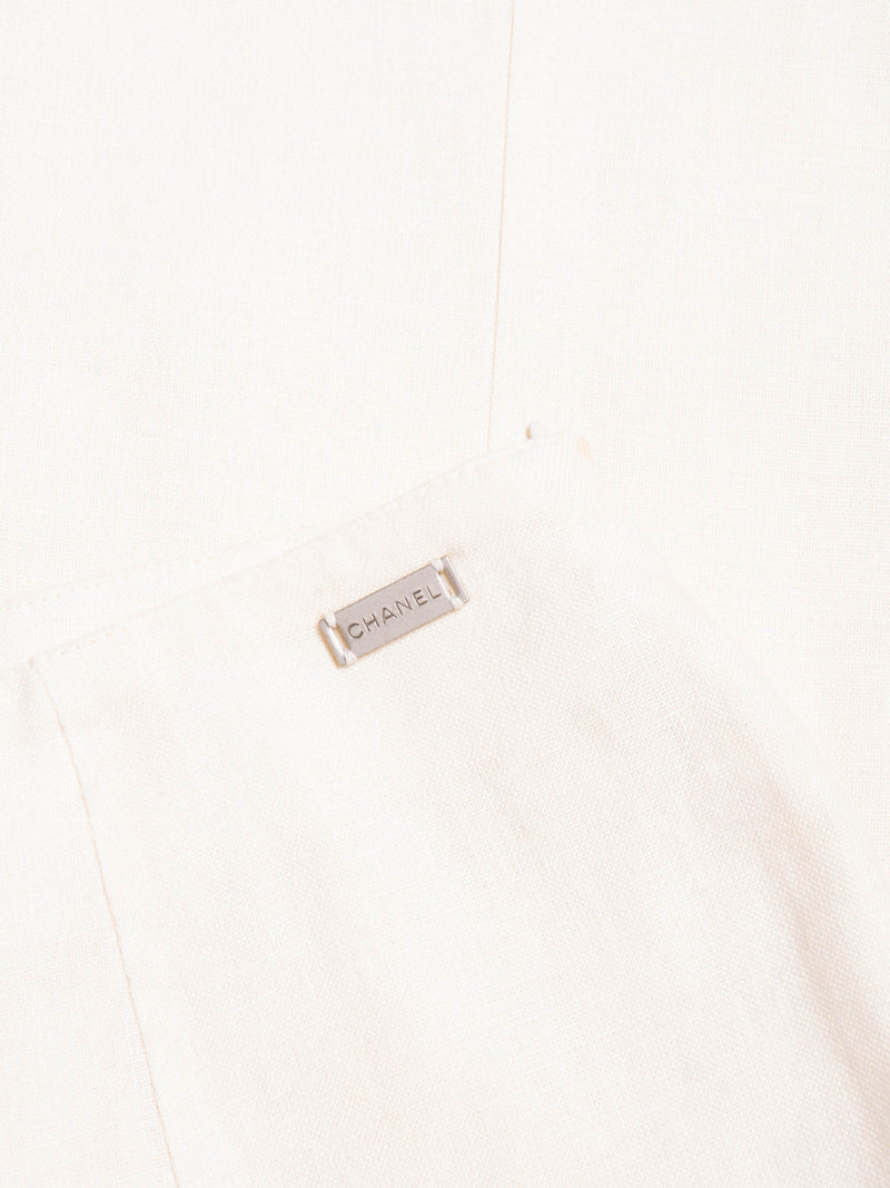 CHANEL CC Logo Linen High Waisted Straight Leg Pants Ivory-designer resale