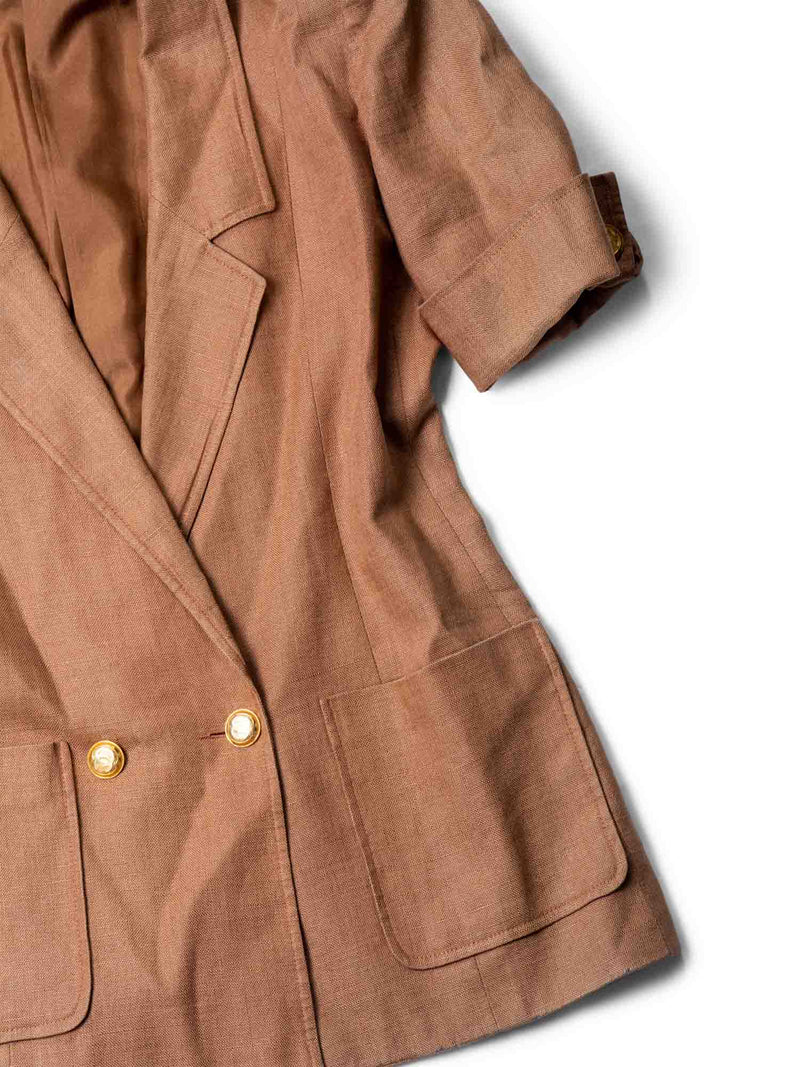 CHANEL CC Logo Linen Vintage Short Sleeve Jacket Brown-designer resale