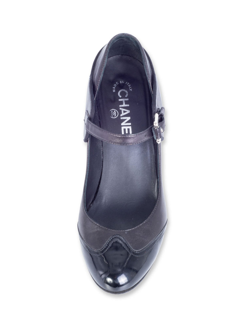 CHANEL CC Logo Mary Jane Cap Toe Block Heels Black-designer resale