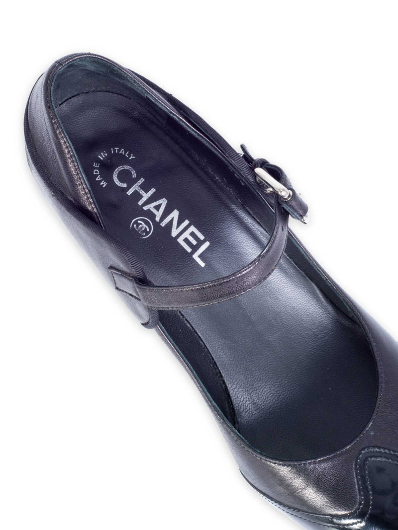 CHANEL CC Logo Mary Jane Cap Toe Block Heels Black-designer resale