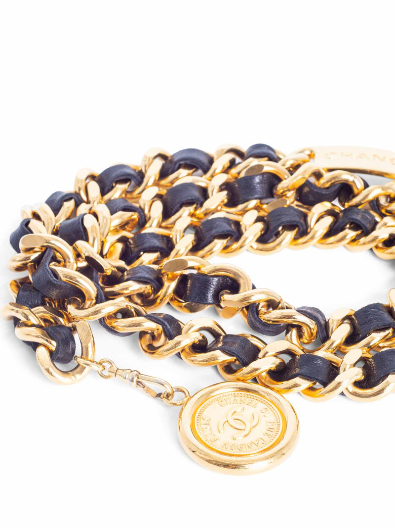 CHANEL CC Logo Medallion 24K Gold Chain Leather Belt Black-designer resale