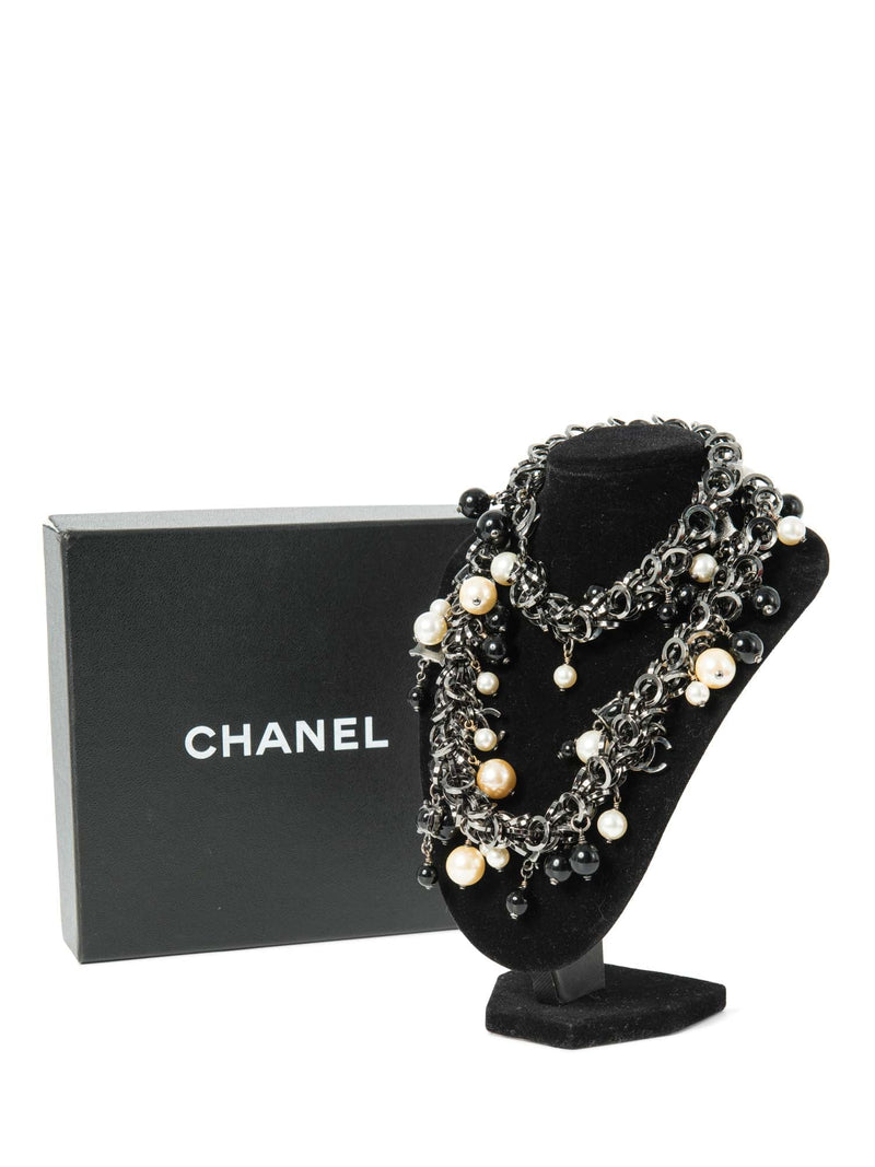 CHANEL CC Logo Pearl Runway Necklace Black White-designer resale