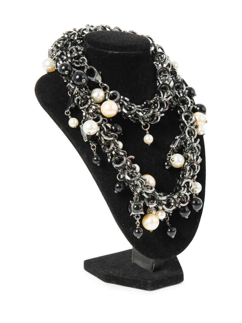 CHANEL CC Logo Pearl Runway Necklace Black White-designer resale